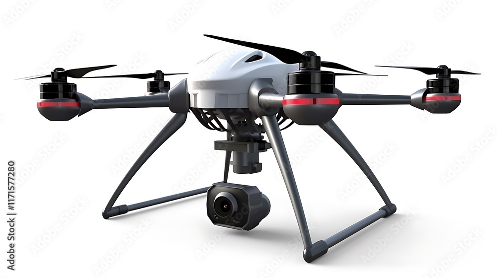 Isolated high-tech drone with propellers visible isolated on solid white background. Isolated high-tech drone with propellers visible isolated on solid white background.