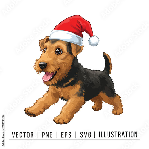 Cute Airedale Terrier Puppy in Santa Hat - Christmas Cartoon Vector Illustration