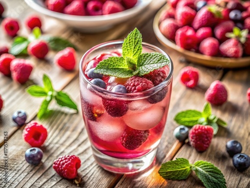 Vibrant pink berry drink photo; summery, refreshing, perfectly composed using the rule of thirds. photo