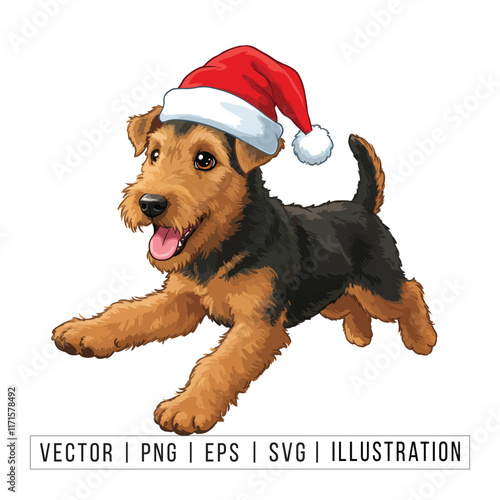 Cute Airedale Terrier Puppy in Santa Hat - Christmas Cartoon Vector Illustration