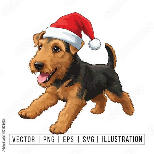 Cute Airedale Terrier Puppy in Santa Hat - Christmas Cartoon Vector Illustration