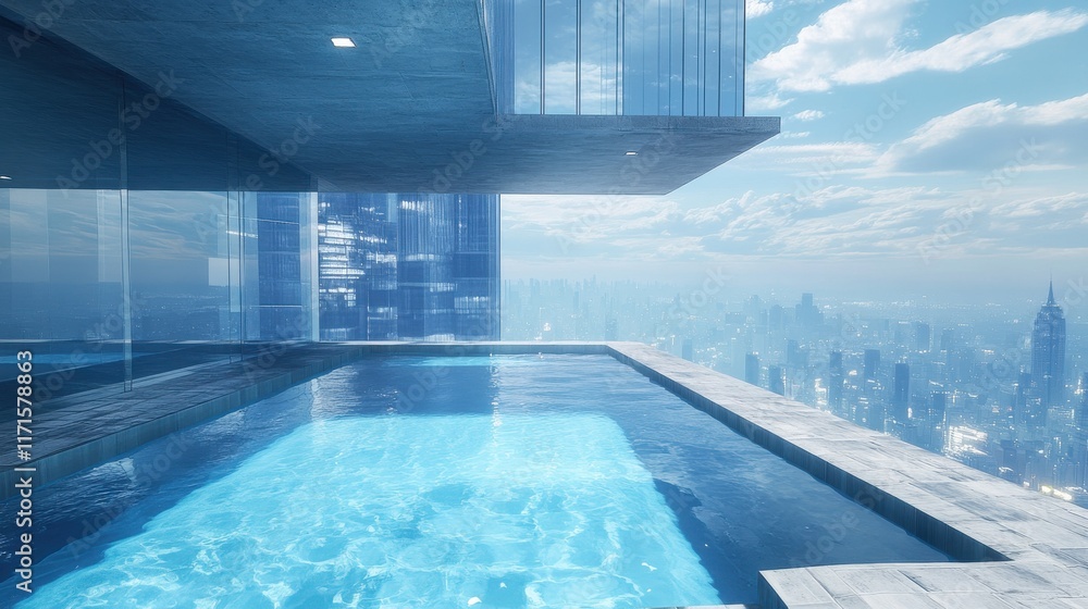 A crystal-clear sky pool on the top floor of a modern skyscraper, with glass walls offering breathtaking views of the surrounding urban landscape. A crystal-clear sky pool on the top floor of a modern skyscraper, with glass walls offering breathtaking views of the surrounding urban landscape.
