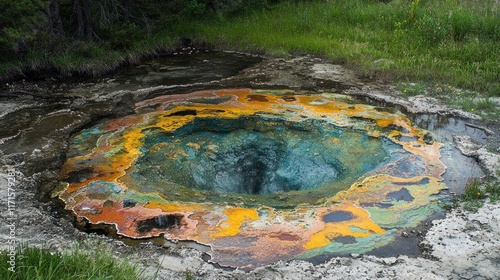 Vibrant geothermal pool with colorful mineral deposits. photo