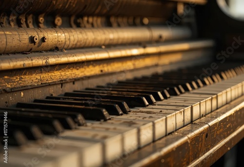 Old piano keys reflect the warmth of sunlight in a serene corner of a charming music room during twilight