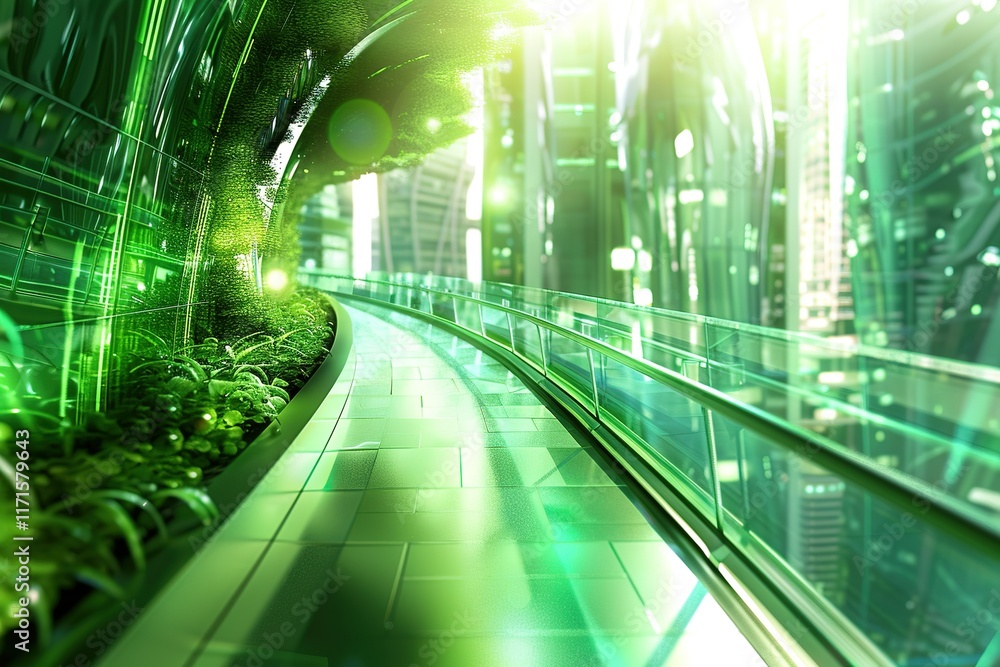 Fototapeta premium Curved walkway through a green futuristic city.