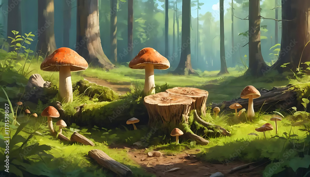 Fototapeta premium Mushrooms and stumps in the Sunlit Meadow in forest illustration