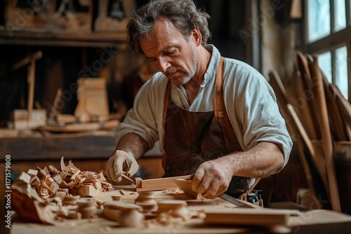 Skilled craftsman shapes wood with precision in a rustic workshop filled with tools photo