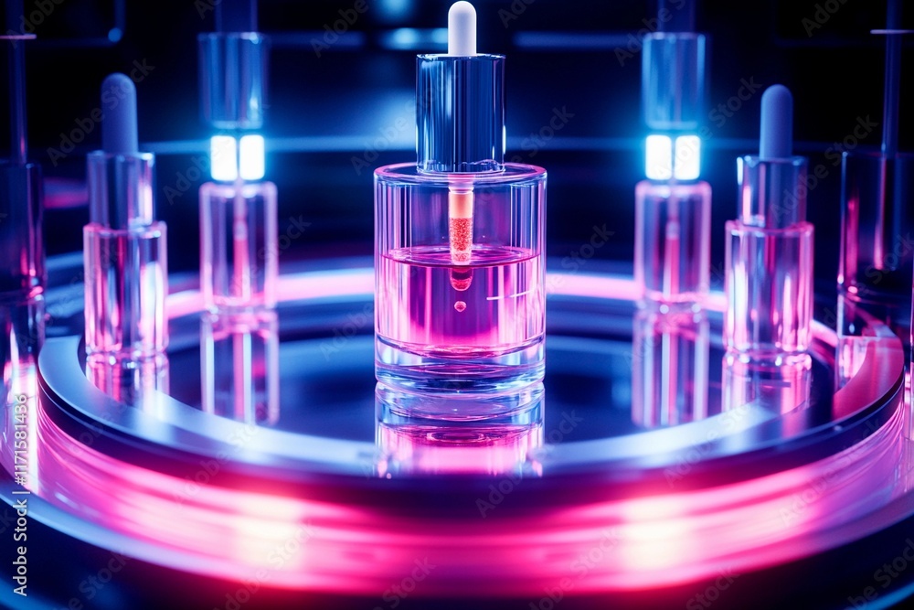 Captivating beauty elixirs illuminated in vibrant hues at twilight Captivating beauty elixirs illuminated in vibrant hues at twilight