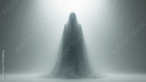 A mysterious figure, possibly an AI avatar, standing in a foggy, illuminated area with a blurred background. photo