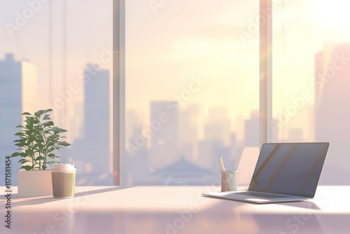 Wallpaper Mural Sunrise cityscape view from modern office desk with laptop. Torontodigital.ca