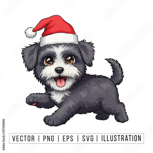 Cute Bichon Frise Puppy in Santa Hat - Christmas Cartoon Vector Illustration photo