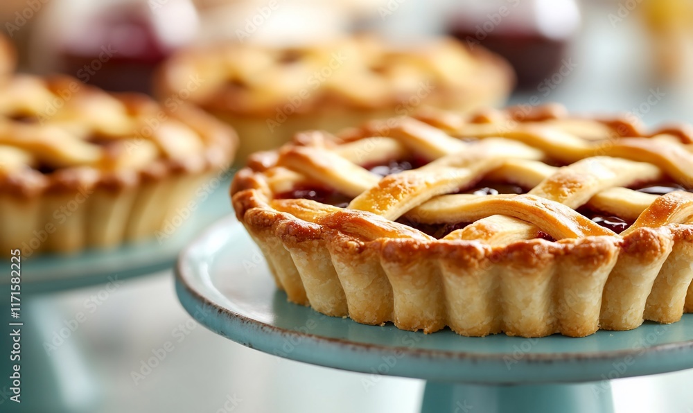 A close-up of delicious fruit pies on decorative stands. A close-up of delicious fruit pies on decorative stands.