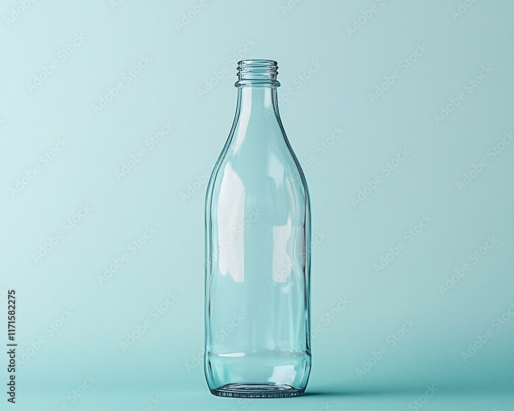 Empty clear glass bottle on light blue background. Empty clear glass bottle on light blue background.