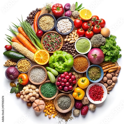 Vibrant Whole Foods Collage with Fresh Fruits, Vegetables, Grains, and Spices Isolated on White Background