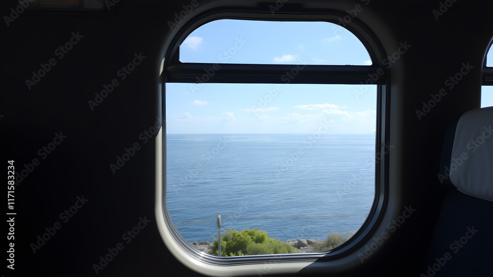 Naklejka premium A sea view from a train window with a beautiful sea view, the feeling of moving in the picture. Generative AI