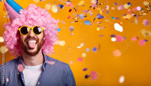 mann, Karneval, köln, neu, perücke, sonnenbrille, mit, schönheit, gestalten, komisch, rosenmontag, alaaf, kölle, Bonn, konfetti, heranwachsender, leitbild, person, gesicht, leute, junge, verrückt, ad,