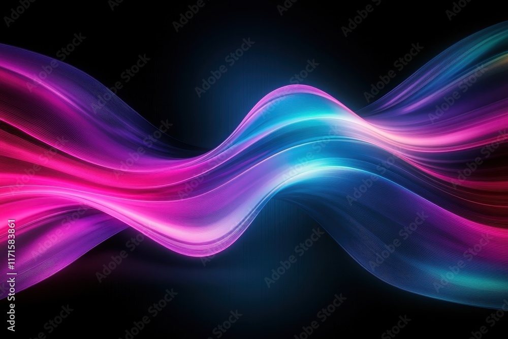 Fototapeta premium Abstract, swirling light trails, vibrant neon colors, purple and blue hues, dynamic motion, smooth curves, energy flow, glossy surface, futuristic, digital art, high contrast, luminous streaks, fluid 