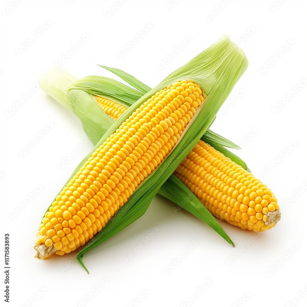 Fresh delicious corn with green leaves on white background Fresh delicious corn with green leaves on white background