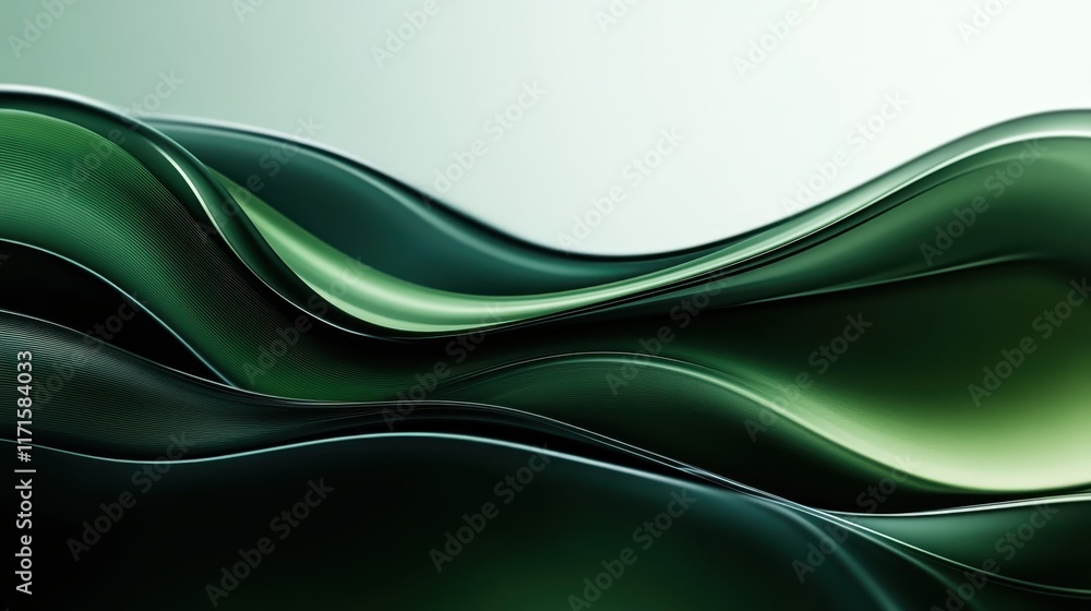 Fototapeta premium Abstract waves, metallic green curves, dynamic flowing lines, sleek modern design, glossy texture, dark background, futuristic aesthetic, elegant motion, minimalist composition, smooth gradients, flui