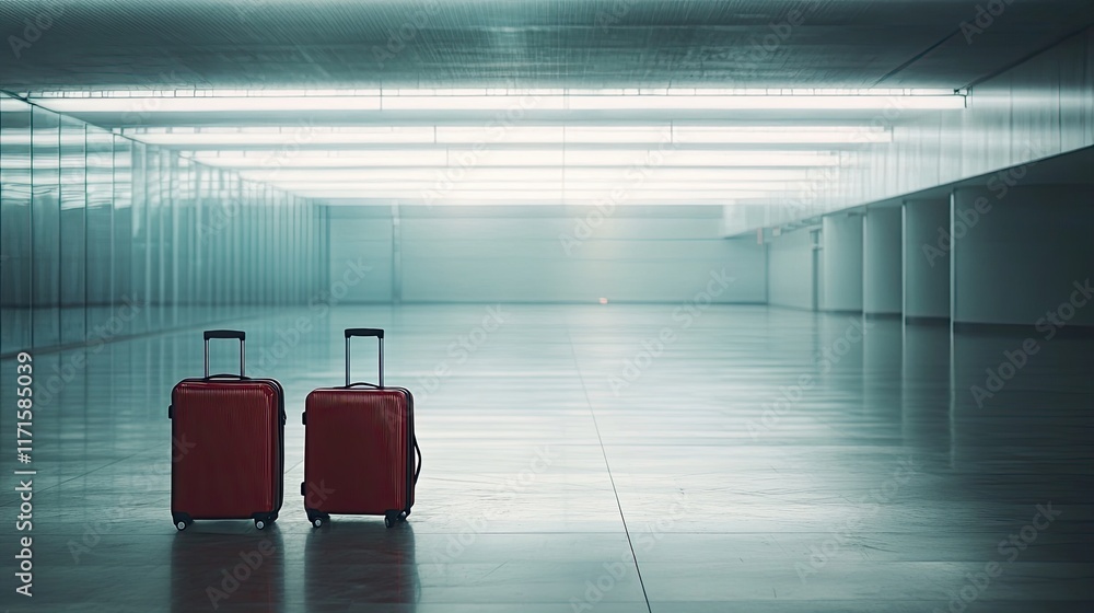 Travel, two suitcases in an empty airport hall, travel suitcases in the departure airport terminal waiting for the area, vacation concept, empty space for text Travel, two suitcases in an empty airport hall, travel suitcases in the departure airport terminal waiting for the area, vacation concept, empty space for text