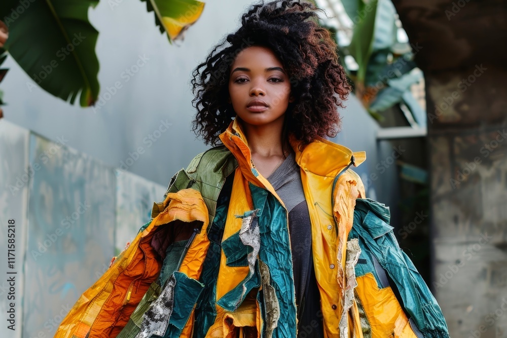 Fototapeta premium A person wearing a trendy outfit made from recycled materials.