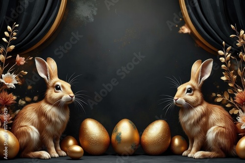 Elegant rabbits and golden easter eggs amidst floral accents in vintage easter background. photo