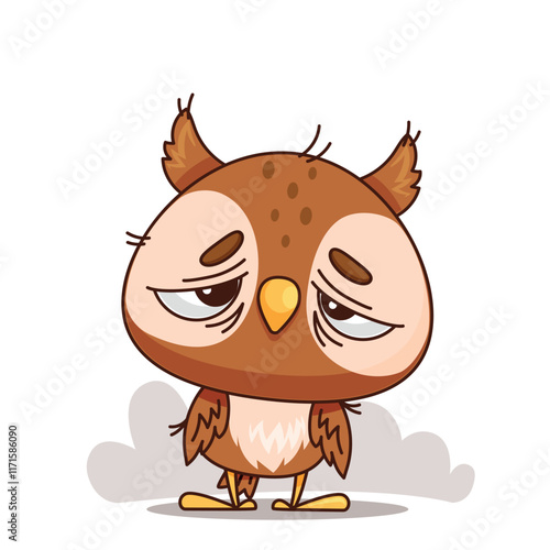 A cute cartoon owl with a quirky, sleepy expression, ideal for childrens media and various designs