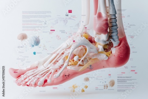 Human foot anatomy showing bones, muscles, tendons and ligaments photo