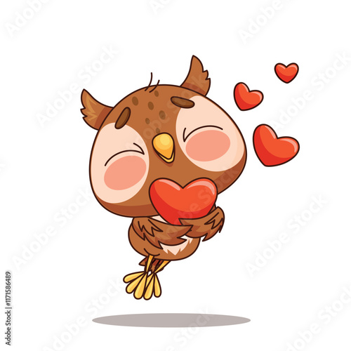 A cheerful and adorable owl is happily holding a red heart, symbolizing love and joy with floating hearts around it