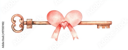 Watercolor heart key art romantic design digital illustration whimsical style love concept, isolated on white background