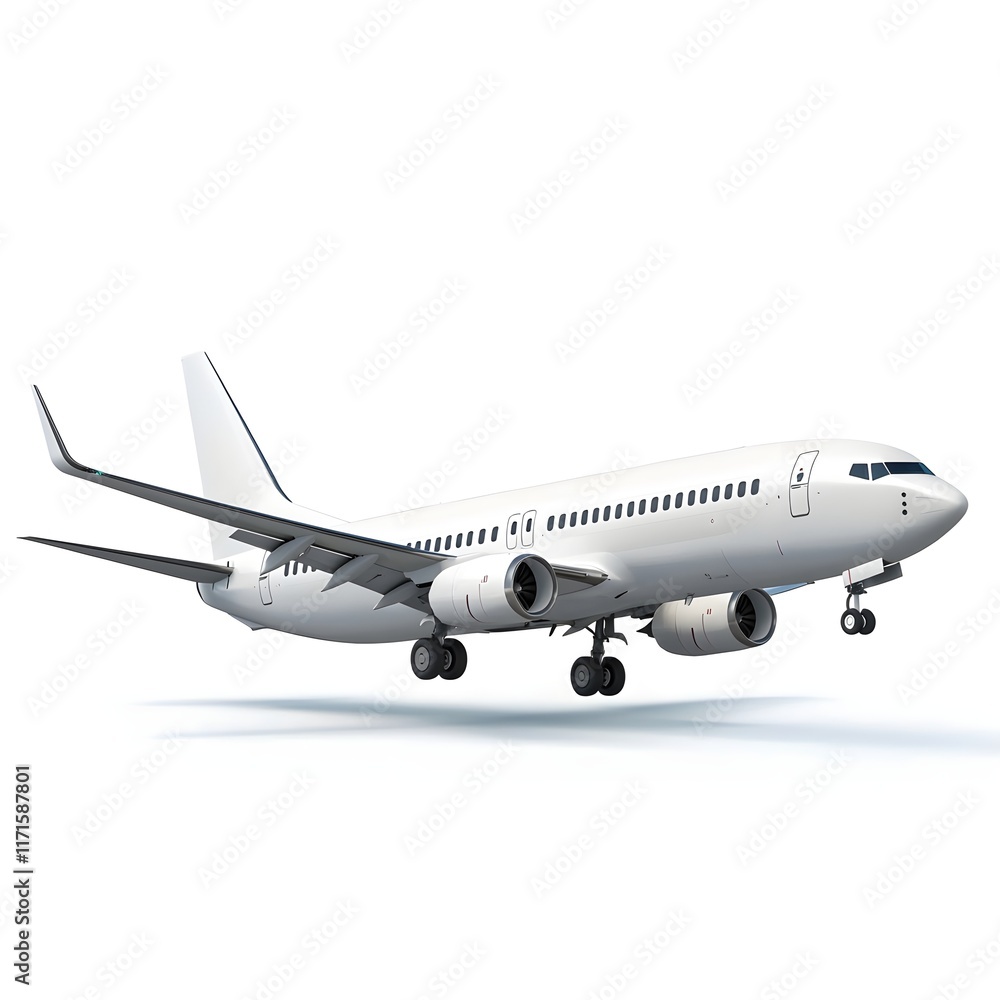White Commercial Airplane on Final Approach Against Blue Sky White Commercial Airplane on Final Approach Against Blue Sky