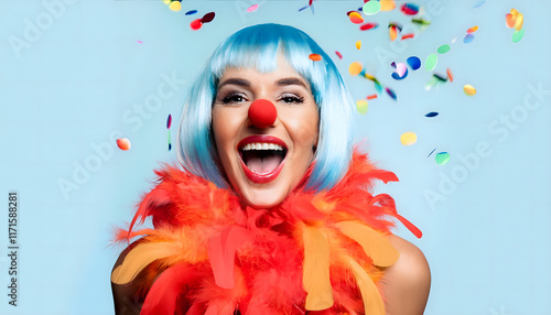 frau, schönheit, person, model, mit, perücke, köln, kölle, alaaf, karneval, konfetti, kostüm, studio, photo, shooting, bunt, spaß, party, feiern, fasching, deutsch, deutschland, gestalten, gesicht, ad