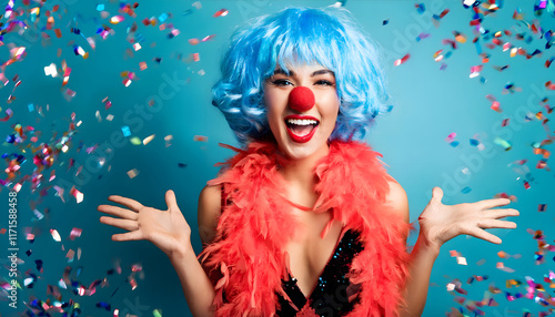 frau, schönheit, person, model, mit, perücke, köln, kölle, alaaf, karneval, konfetti, kostüm, studio, photo, shooting, bunt, spaß, party, feiern, fasching, deutsch, deutschland, gestalten, gesicht, ad