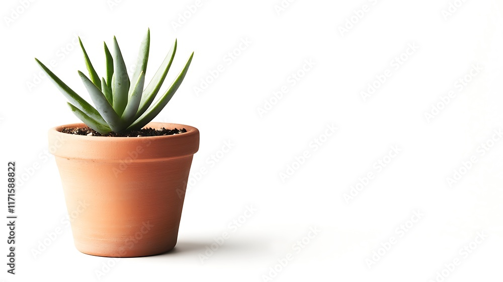 Isolated small terracotta flower pot with a single succulent plant isolated on solid white background. Isolated small terracotta flower pot with a single succulent plant isolated on solid white background.