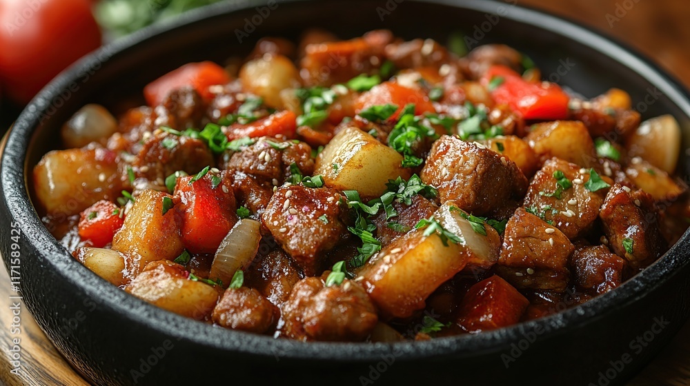 Close-up of a savory stew with beef, potatoes, and bell peppers in a dark bowl. Close-up of a savory stew with beef, potatoes, and bell peppers in a dark bowl.