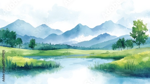 Serene watercolor landscape tranquil lake nature scene lush mountains aerial view peaceful environment