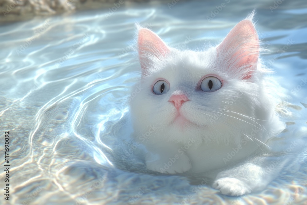 Fototapeta premium Turkish Van cat swims gracefully in a clear blue pool with gentle ripples