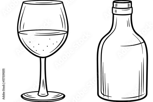 Wine Glass Bottle Beverage Alcohol Drink Sip Taste Vintage Sketch Outline