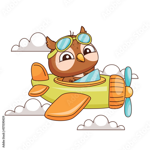 There is an adorable little owl piloting a vibrant and colorful plane while surrounded by fluffy, white clouds