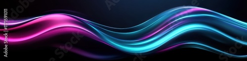 Abstract waves, vibrant colors, neon glow, fluid motion, dynamic curves, electric blue, vivid purple, deep black background, glossy texture, futuristic aesthetic, digital art, 3D render, smooth gradie photo