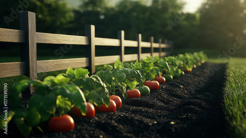 Bunte Gemüsegartenlandschaft mit reifen Tomaten und Holzlattenzaun

 photo