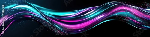 Abstract waves, vibrant colors, neon glow, fluid motion, dynamic curves, electric blue, vivid purple, deep black background, glossy texture, futuristic aesthetic, digital art, 3D render, smooth gradie photo