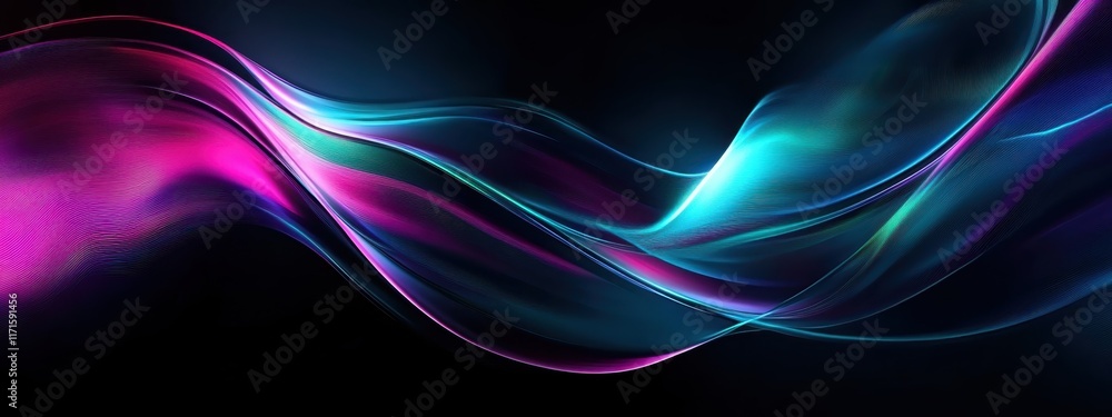 Fototapeta premium Abstract fluid waves, vibrant neon colors, electric blue and magenta, smooth glossy texture, dynamic flow, dark background, futuristic design, digital art, high contrast, sleek curves, energy in motio