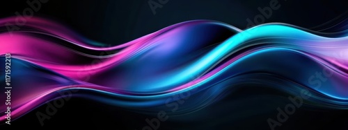 Abstract waves, vibrant colors, neon glow, fluid motion, dynamic curves, electric blue, vivid purple, deep black background, glossy texture, futuristic aesthetic, digital art, 3D render, smooth gradie photo