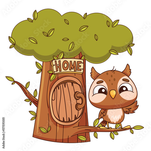 A charming and adorable owl is perched on a tree, accompanied by a cozy home sign, ideal for childrens decor