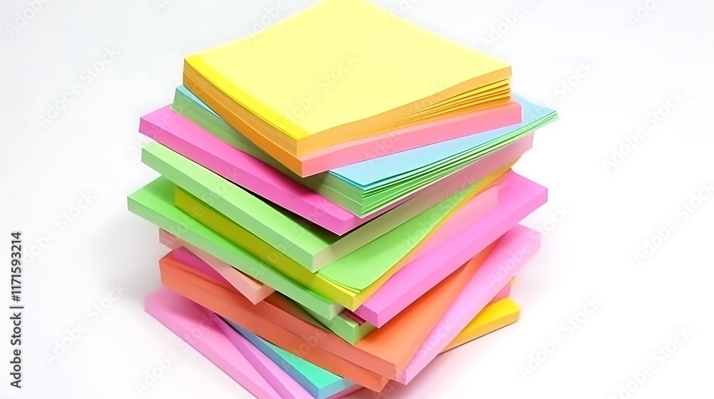 Isolated stack of colorful sticky notes isolated on solid white background.