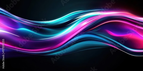 Abstract waves, vibrant colors, neon glow, fluid motion, dynamic curves, electric blue, vivid purple, deep black background, glossy texture, futuristic aesthetic, digital art, 3D render, smooth gradie photo