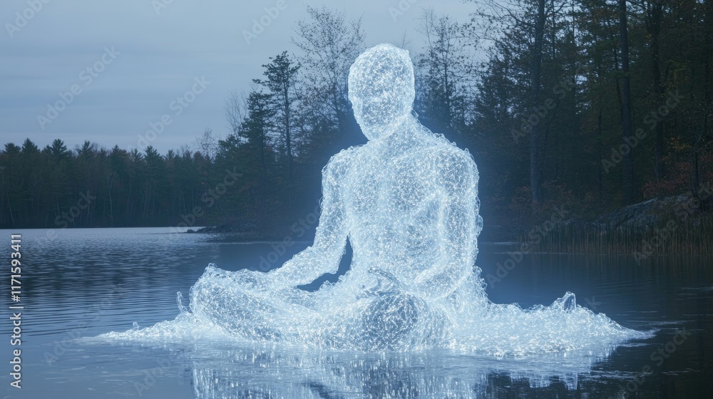 Visualization of panentheism with a meditating figure of light by a tranquil reflective lake at twilight Visualization of panentheism with a meditating figure of light by a tranquil reflective lake at twilight