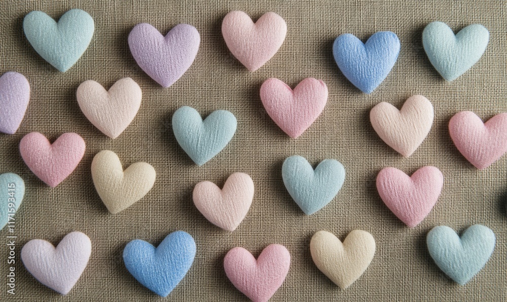 Artistic arrangement of pastel-colored heart confetti on a mocha linen surface. Artistic arrangement of pastel-colored heart confetti on a mocha linen surface.
