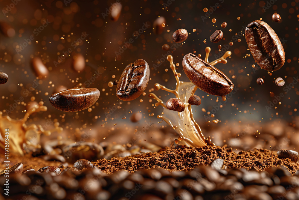 Dynamic Coffee Splash with Flying Coffee Beans and Droplets in a High-Speed Coffee Action Shot on a Dark Background Dynamic Coffee Splash with Flying Coffee Beans and Droplets in a High-Speed Coffee Action Shot on a Dark Background